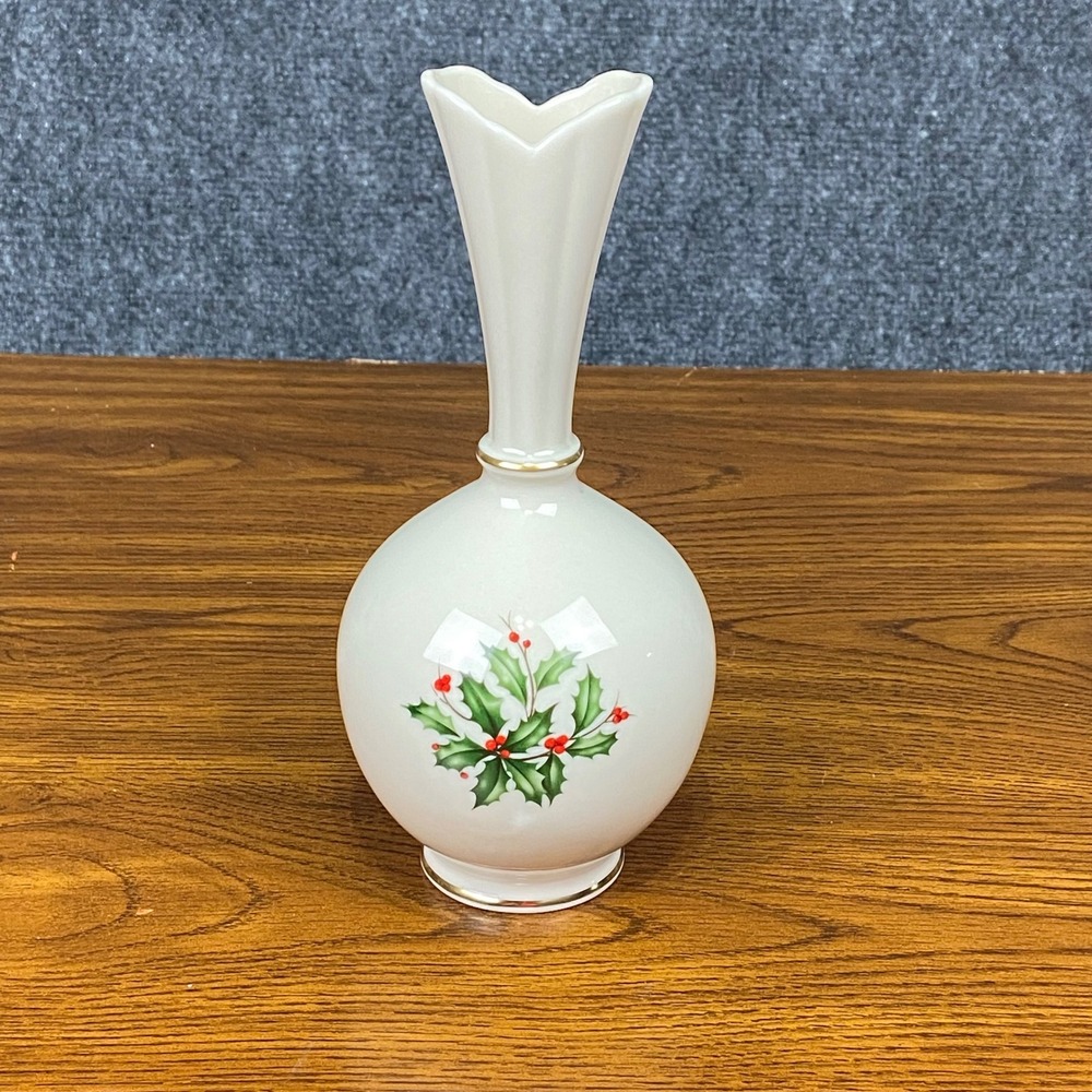 Lenox Vase Ivory Holly Berry Bud Vase Gold Trim Made in USA Christmas Decor